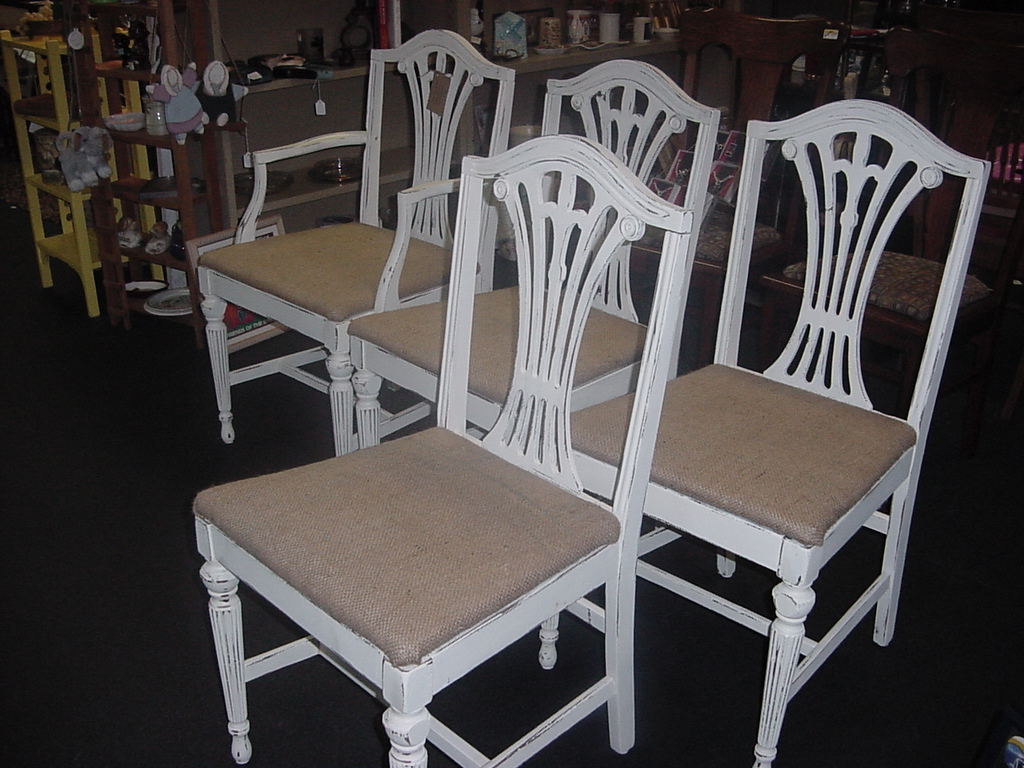  “Distressed Cottage White” SOLID WOOD CHAIRS with BURLAP SEATS
