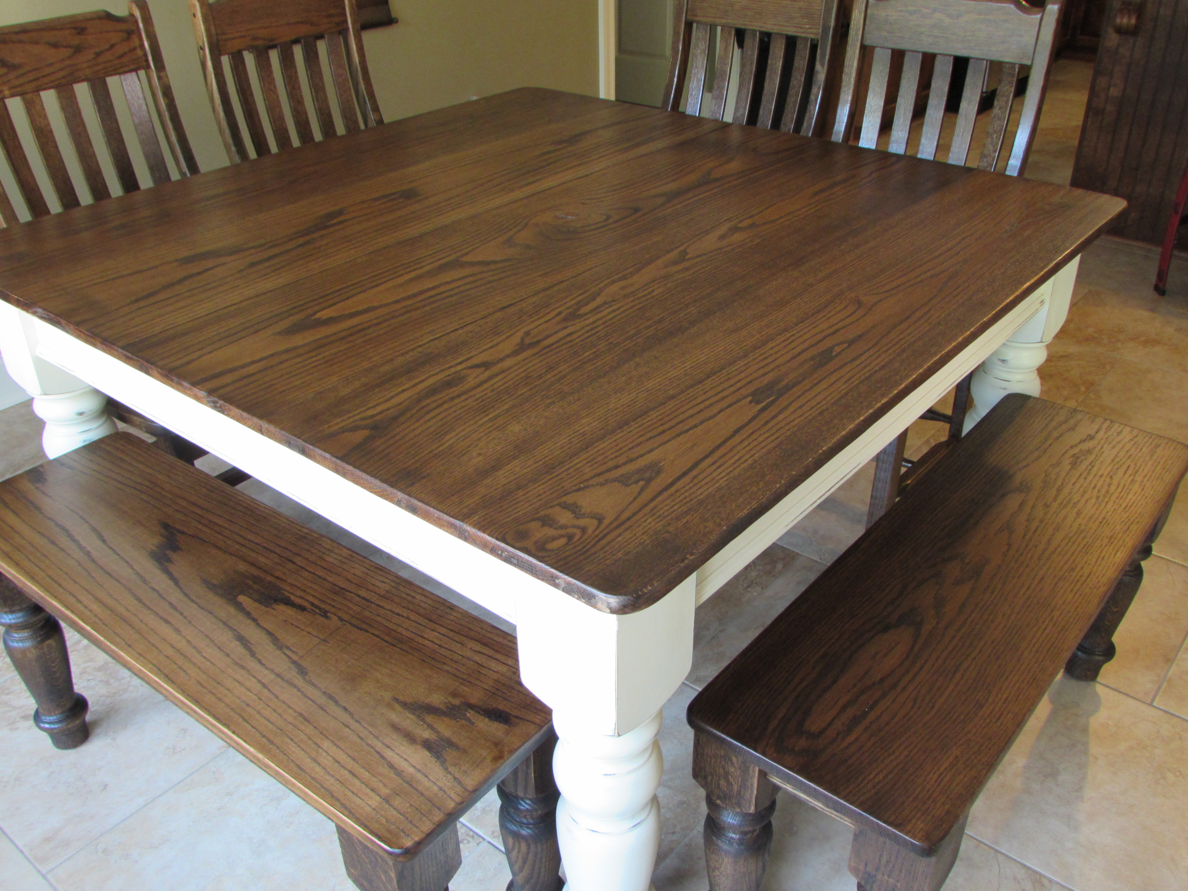 CUSTOM SQUARE FARMHOUSE FARM TABLE w/ MATCHING BENCHES Just Fine Tables