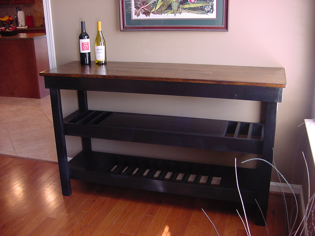 Dark Stained Maple Top Wine Bar with Dual Wine Storage Shelves