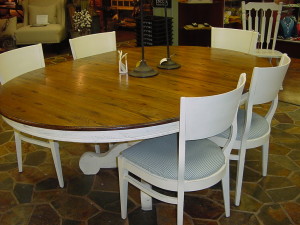 54" Pedestal Table, 2 Leaves, 6 Upholstered Matching Chairs