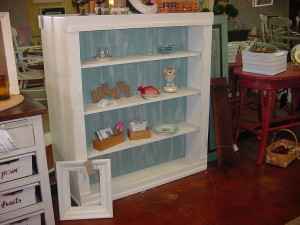 DISTRESSED 'COTTAGE WHITE' BOOKCASE w/ Distressed BLUE Bead board Back 