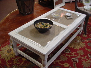 Distressed "Coffee Table", Cottage White w/ Glass Inserts over Burlap