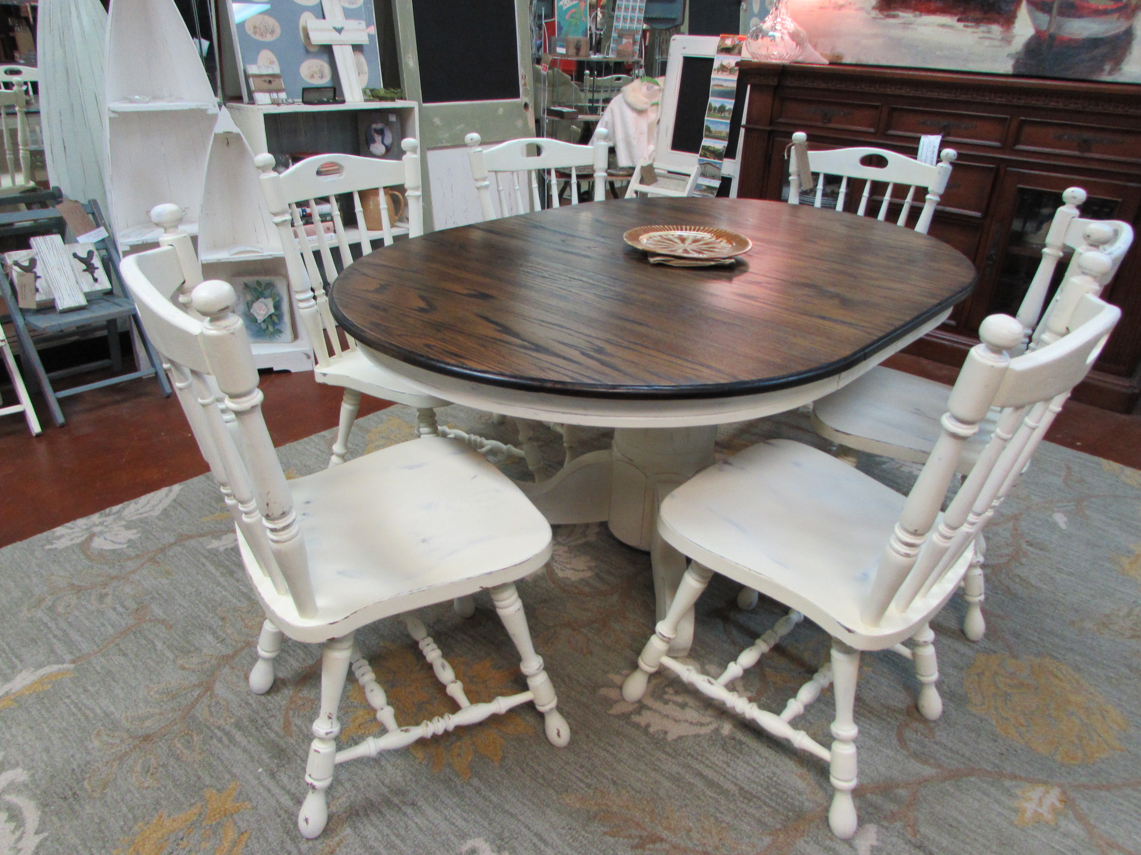 REFINISHED SOLID OAK PEDESTAL TABLE with MATCHING CHAIRS | Just Fine ...